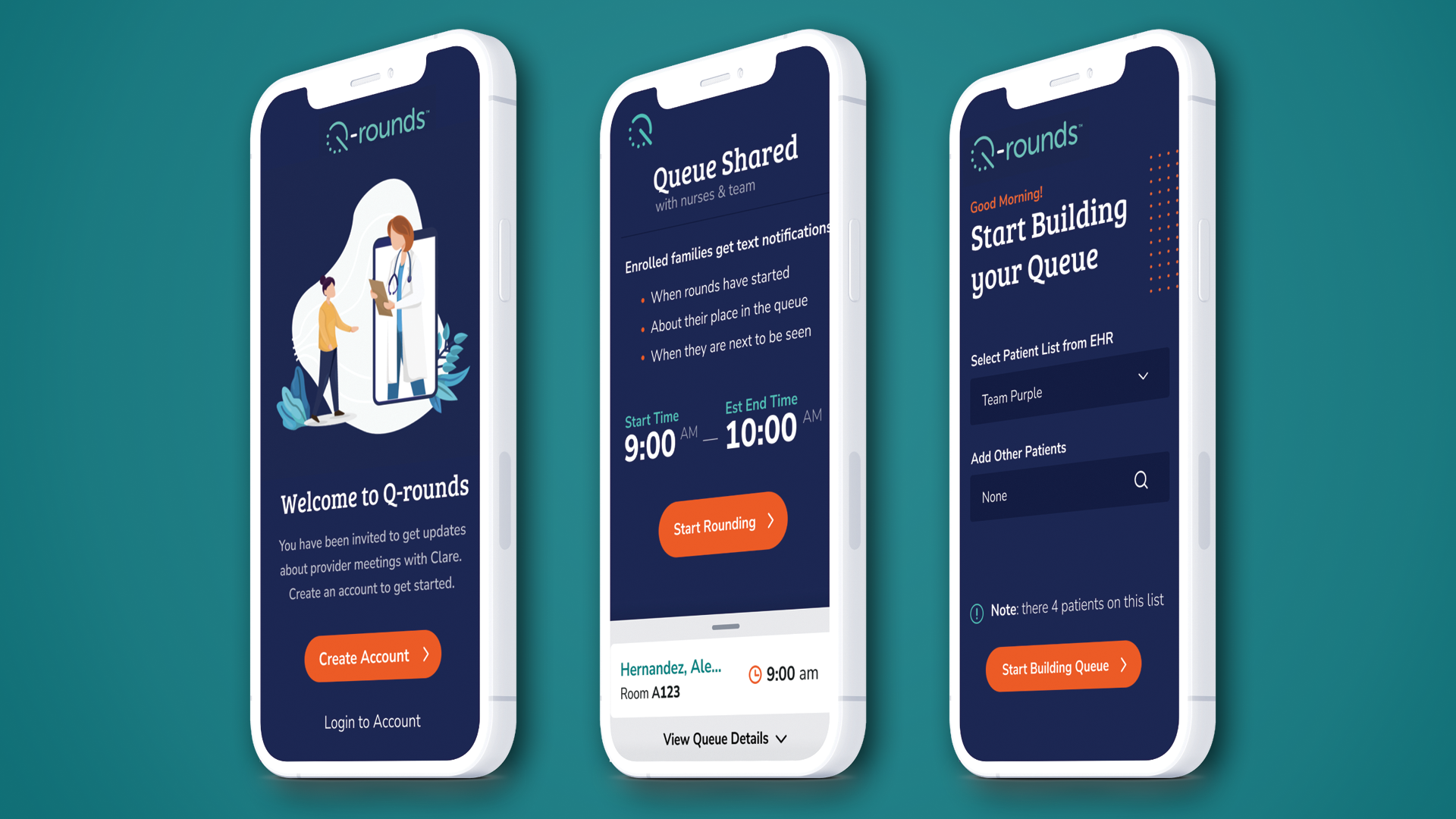 Q-rounds healthcare product MVP displayed on a series of three iphones. Product prototyping and design for a MedTech start-up focused on creating a better patient and provider rounds experience.