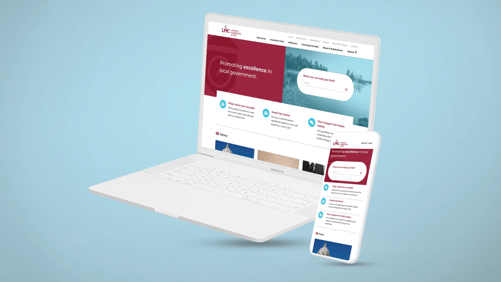 redesigned league of minnesota cities website on a laptop and mobile device