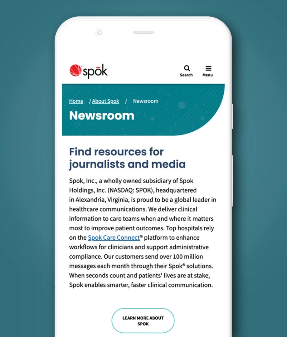 Spok redesigned website on a mobile device