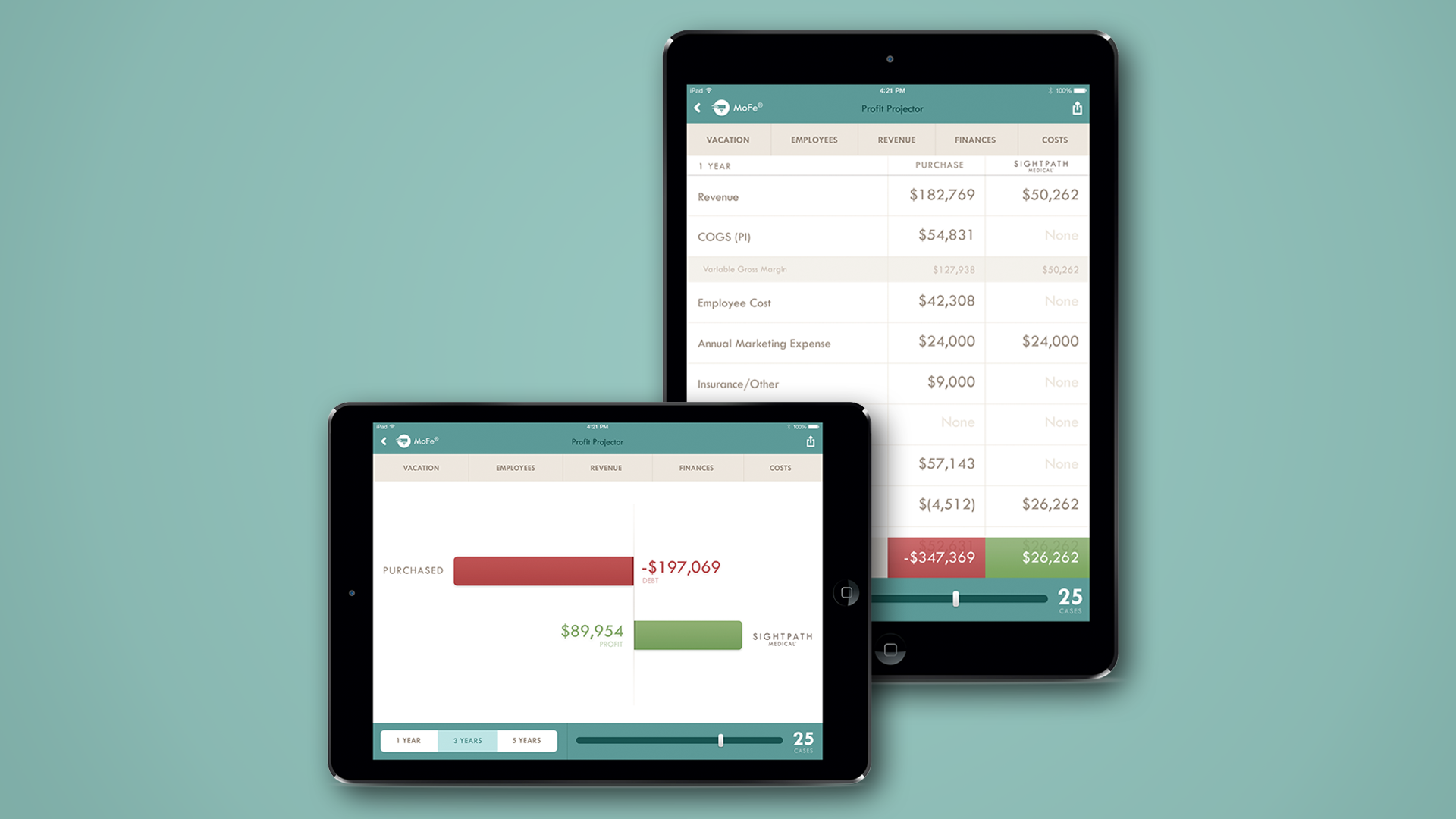 Two overlapping tablet devices display the Sightpath Medical sales field enablement application for healthcare